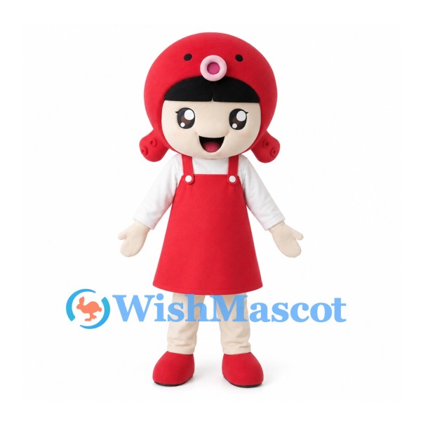 Girl Mascot Costume with Red Round Hair and Pinafore Dress