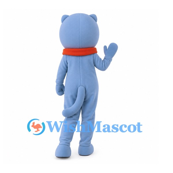 Cat Mascot Costume in Blue Gray with Orange Collar and Mixed-Color Eyes