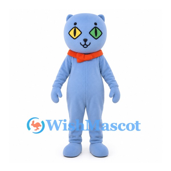 Cat Mascot Costume in Blue Gray with Orange Collar and Mixed-Color Eyes