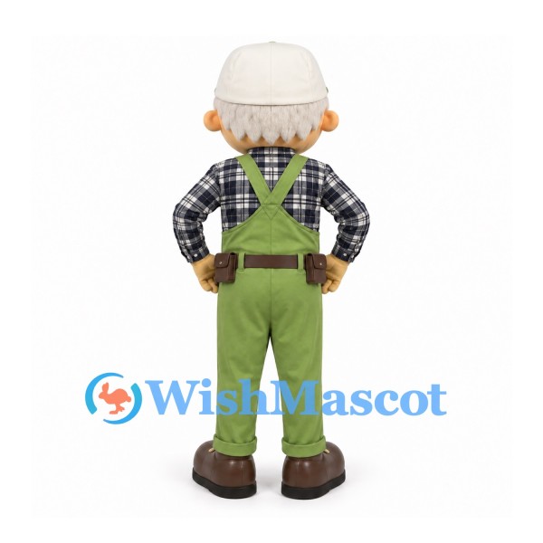 Gardener Mascot Costume with Green Overalls and Plaid Shirt