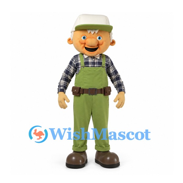 Gardener Mascot Costume with Green Overalls and Plaid Shirt