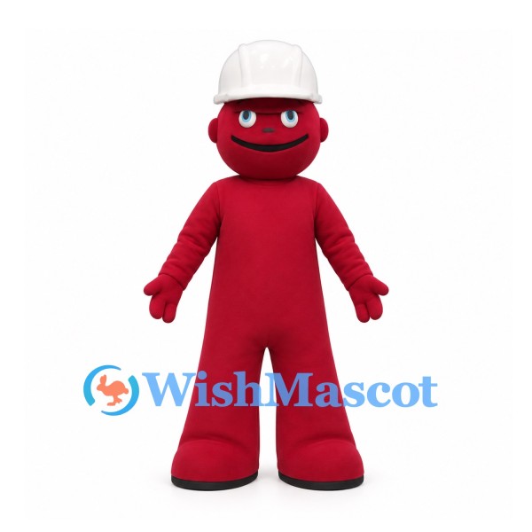 Worker Mascot Costume in Red with White Hard Hat