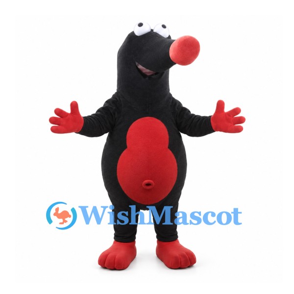 Mole Mascot Costume in Black with Red Belly and Nose