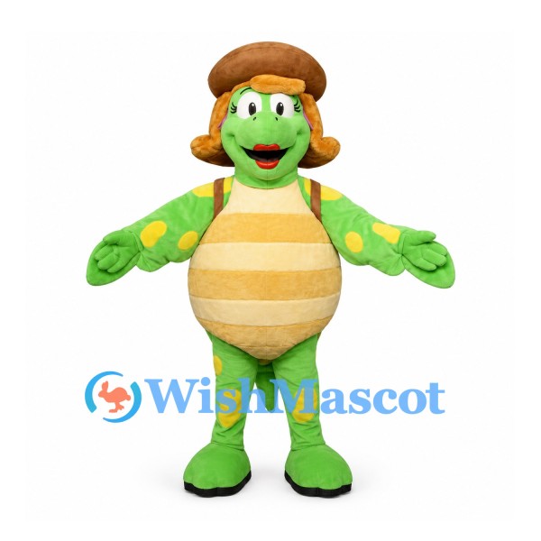 Turtle Mascot Costume in Green with Brown Flat Cap