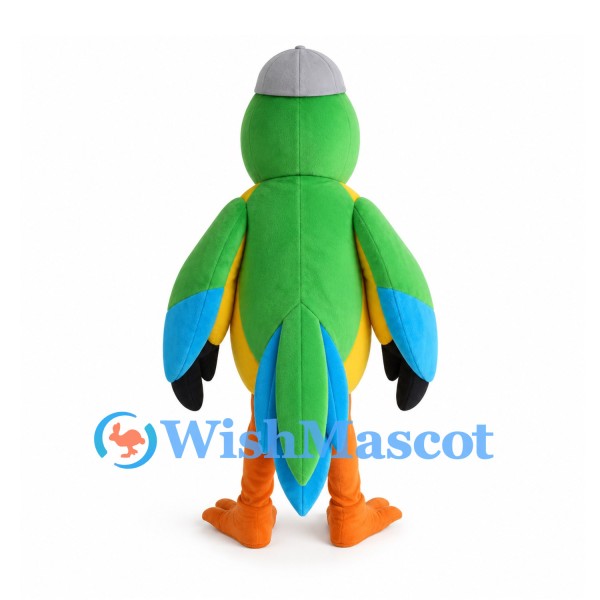 Parrot Mascot Costume in Green and Yellow with Gray Cap