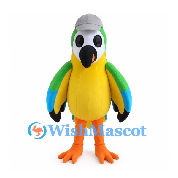 Parrot Mascot Costume in Green and Yellow with Gray Cap
