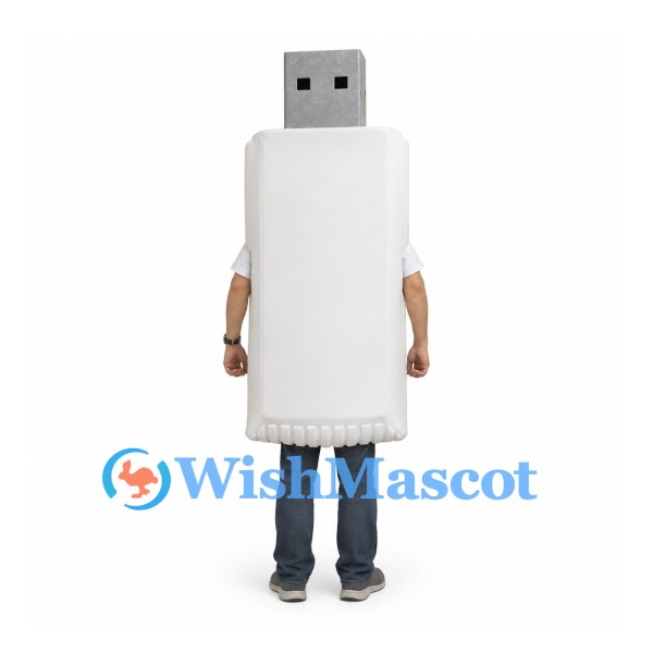 USB Flash Drive Mascot Costume in White with Gray Connector
