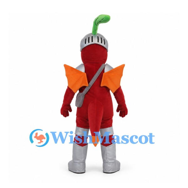 Dragon Mascot Costume in Red with Knight Helmet and Orange Wings