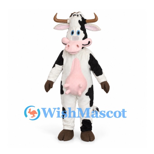 Cow Mascot Costume in Black and White with Large Horns