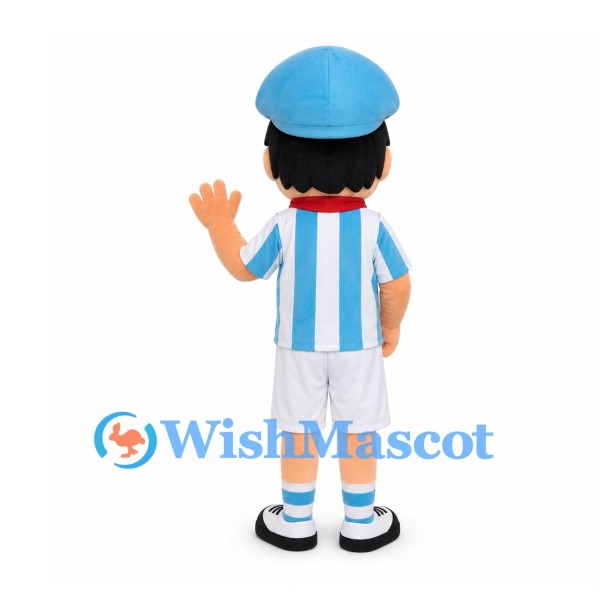 Boy Mascot Costume with Blue Cap and Striped Soccer Shirt