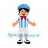 Boy Mascot Costume with Blue Cap and Striped Soccer Shirt