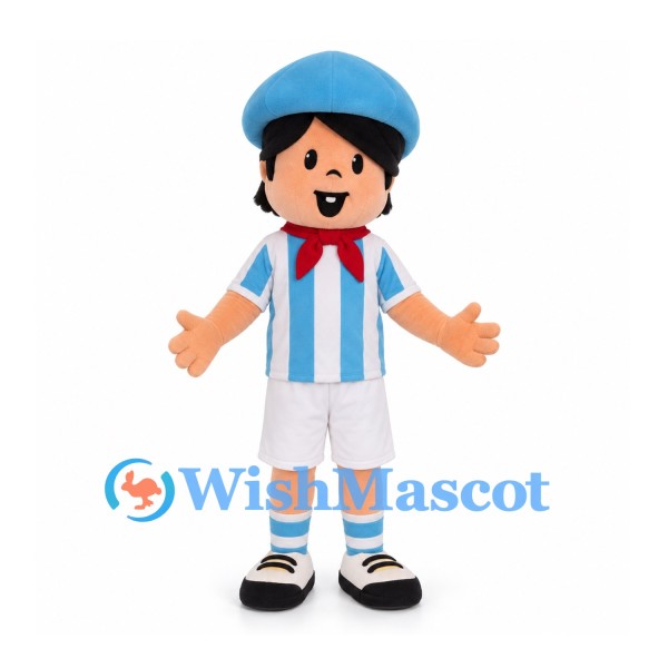 Boy Mascot Costume with Blue Cap and Striped Soccer Shirt