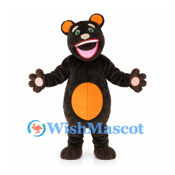 Bear Mascot Costume in Black with Orange Belly and Eye Rings