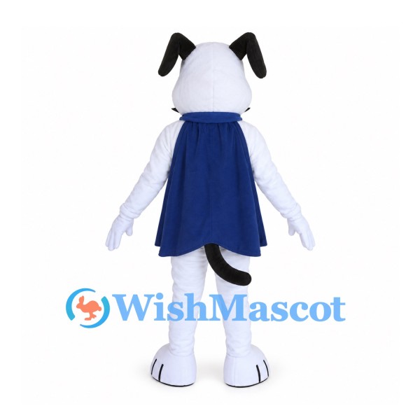 Dog Mascot Costume in White with Black Patches and Blue Cape