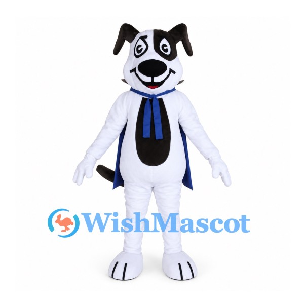 Dog Mascot Costume in White with Black Patches and Blue Cape