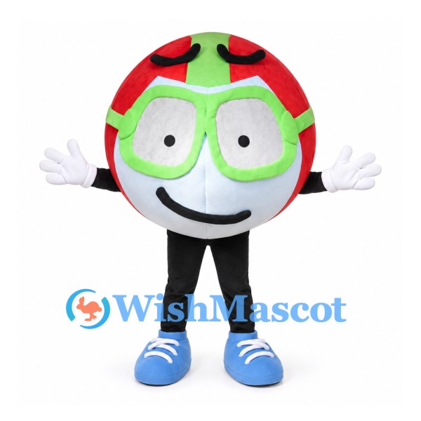 Ball Mascot Costume in Red and Green with Ski Goggles