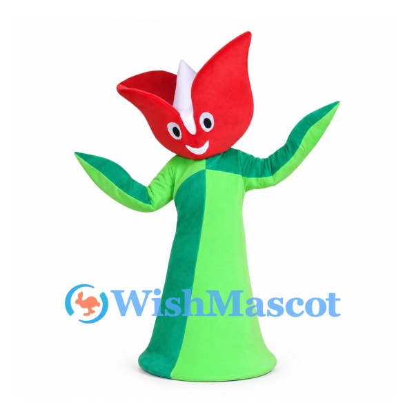 Tulip Mascot Costume with Red Petals and Green Stem Body