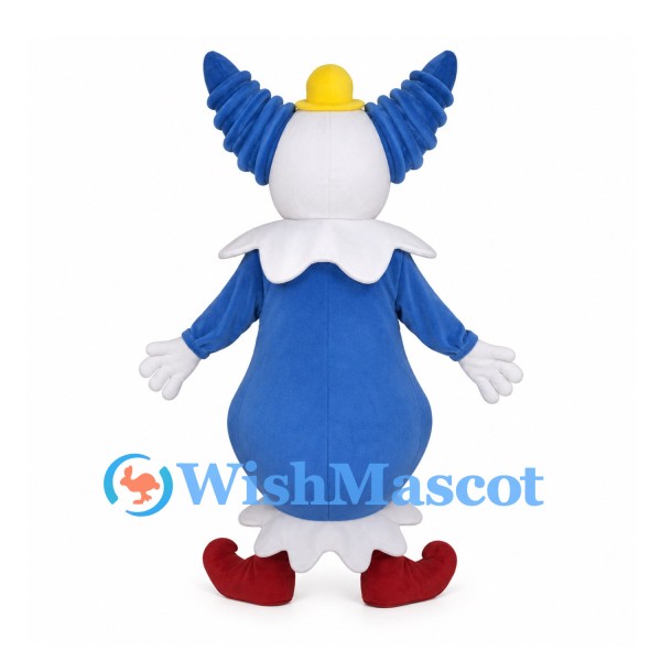 Clown Mascot Costume in Blue with Wing-Shaped Hair and Red Nose