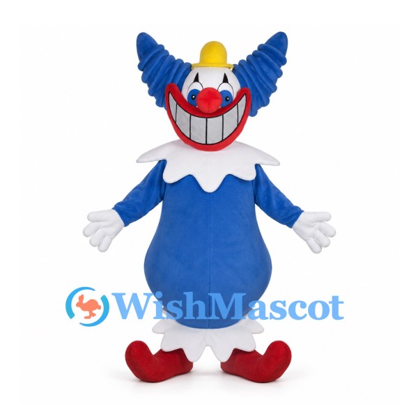 Clown Mascot Costume in Blue with Wing-Shaped Hair and Red Nose