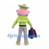 Pig Mascot Costume with Green Jacket, Gray Hat and Shopping Bags