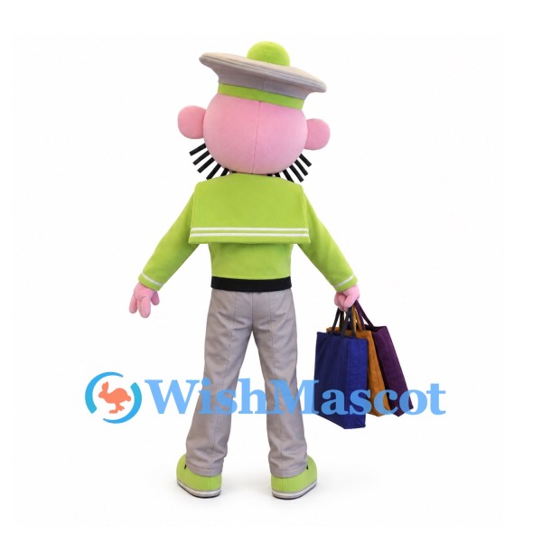 Pig Mascot Costume with Green Jacket, Gray Hat and Shopping Bags