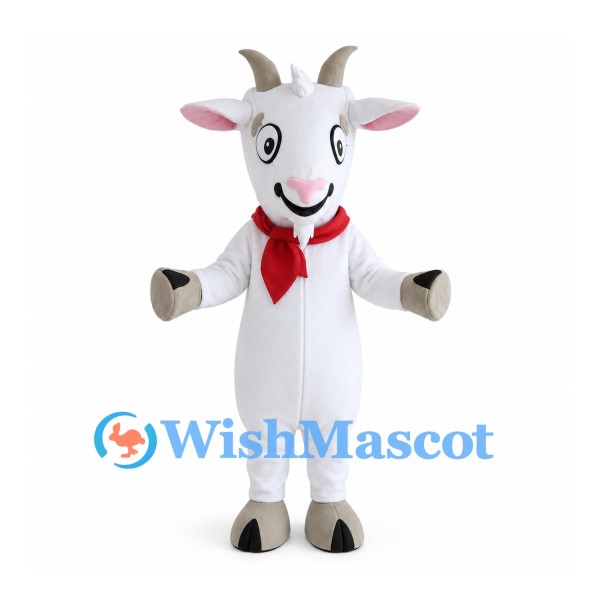 White Goat Mascot Costume with Red Neck Scarf