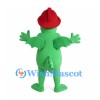 Green Dragon Mascot Costume with Red Firefighter Helmet