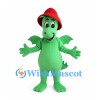 Green Dragon Mascot Costume with Red Firefighter Helmet