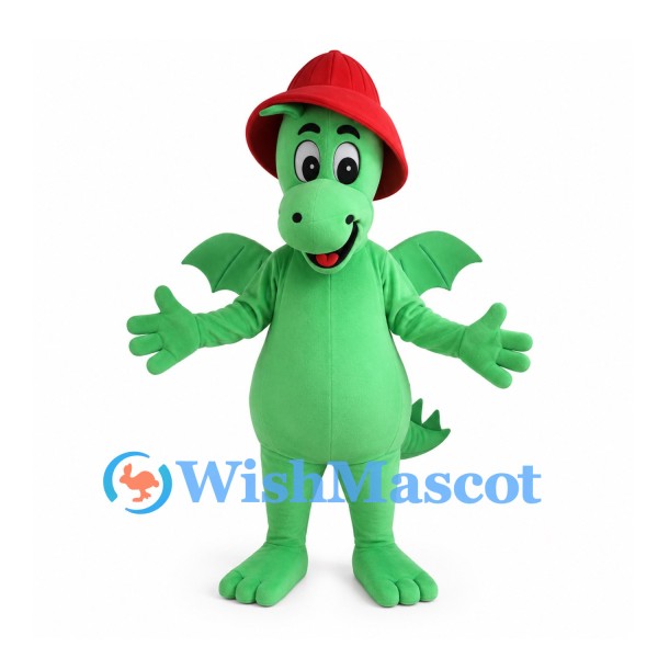 Green Dragon Mascot Costume with Red Firefighter Helmet