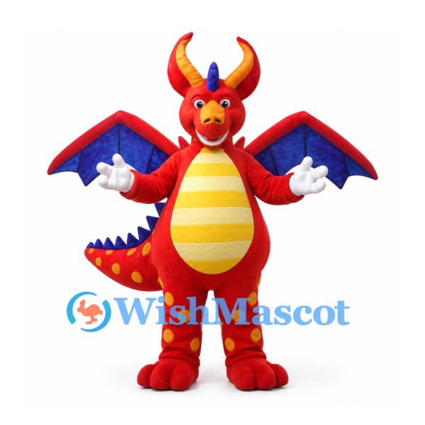 Red Dragon Mascot Costume with Blue Wings and Yellow Belly