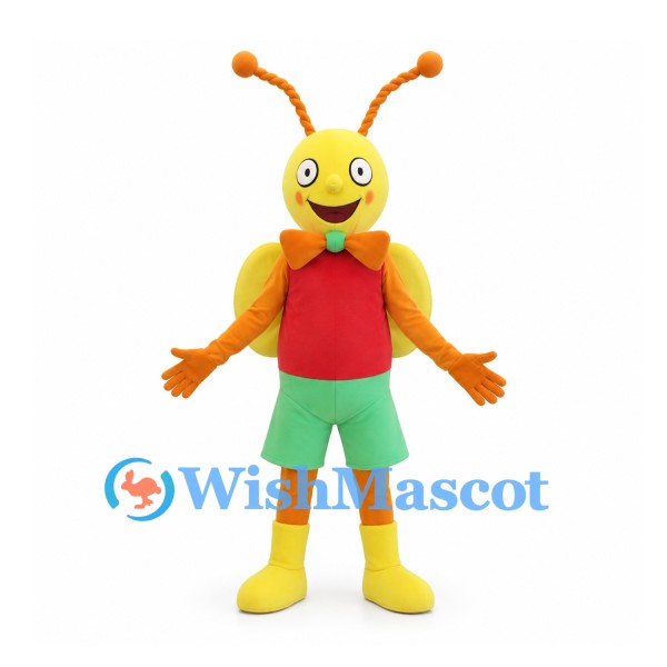 Butterfly Mascot Costume in Yellow with Red Vest and Green Shorts