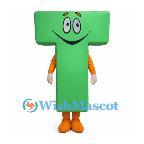 Letter T Mascot Costume in Green with Orange Gloves