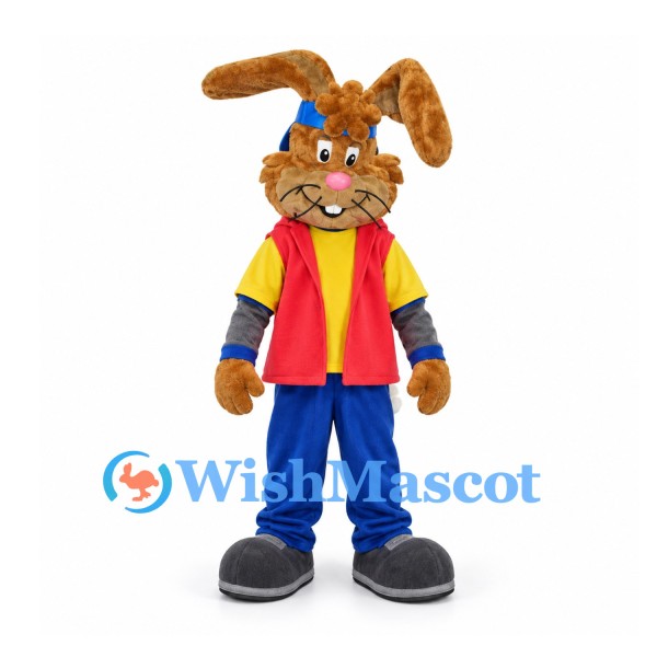 Brown Rabbit Mascot Costume with Blue Cap and Red Vest