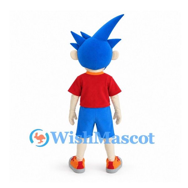 Boy Mascot Costume with Blue Spiky Hair and Red Shirt