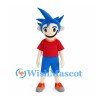 Boy Mascot Costume with Blue Spiky Hair and Red Shirt