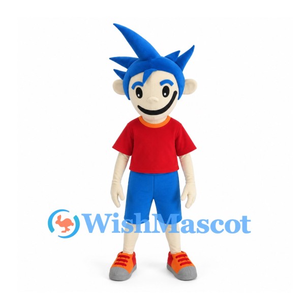 Boy Mascot Costume with Blue Spiky Hair and Red Shirt