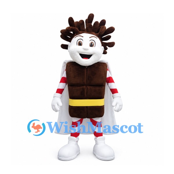 Chocolate Bar Mascot Costume with Striped Limbs and White Cape