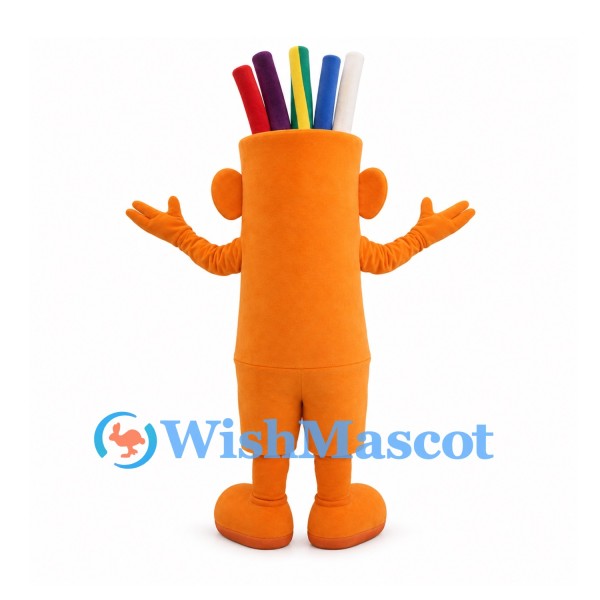 Pencil Holder Mascot Costume in Orange with Colored Pencils