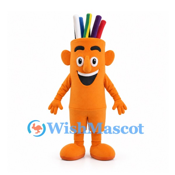 Pencil Holder Mascot Costume in Orange with Colored Pencils