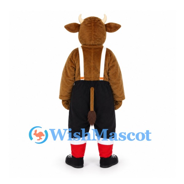 Brown Bull Mascot Costume with Black Shorts and White Suspenders
