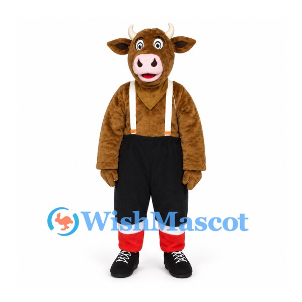 Brown Bull Mascot Costume with Black Shorts and White Suspenders