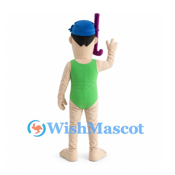 Snorkeler Mascot Costume with Green Swimsuit and Blue Goggles