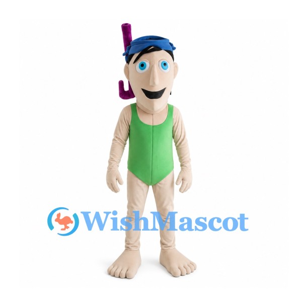 Snorkeler Mascot Costume with Green Swimsuit and Blue Goggles
