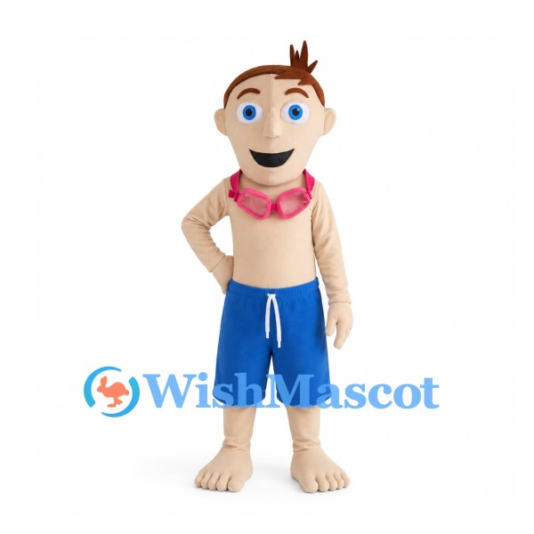 Boy Mascot Costume with Blue Swim Shorts and Pink Goggles
