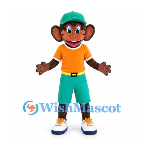 Monkey Mascot Costume with Green Cap and Yellow Polo Shirt
