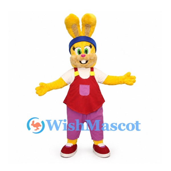 Yellow Rabbit Mascot Costume with Blue Headband and Red Vest