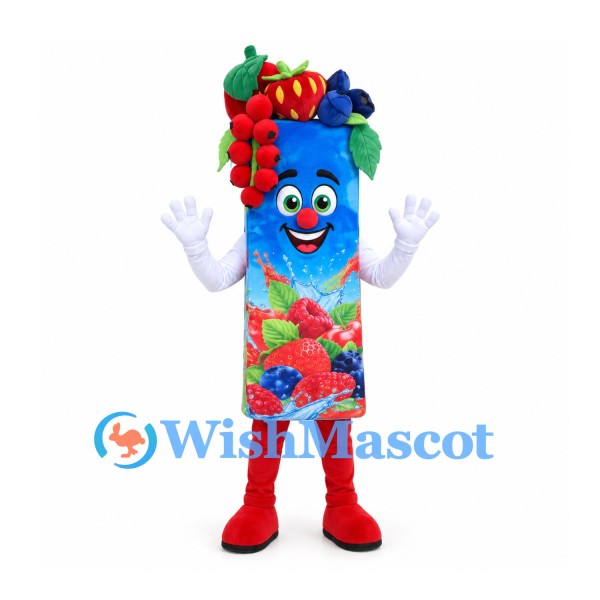 Berry Juice Carton Mascot Costume in Blue with Fruit Top