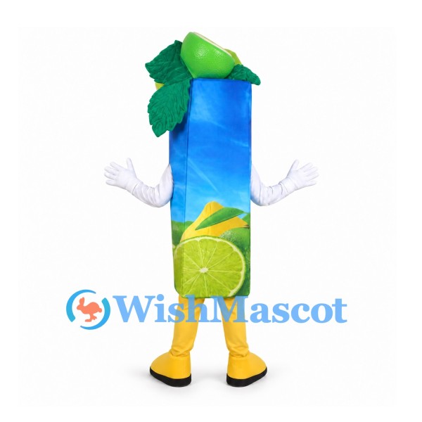 Lime Juice Carton Mascot Costume in Blue with Green Leaf Top