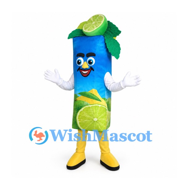 Lime Juice Carton Mascot Costume in Blue with Green Leaf Top