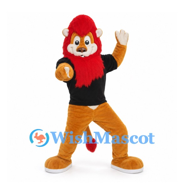 Lion Mascot Costume in Yellow with Red Mane and Black Shirt